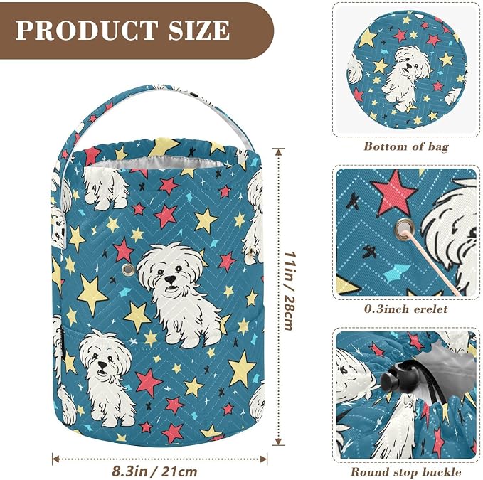 Fustylead Hand Draw Cartoon Maltese and Red Yellow Stars Large Crochet Organizer, Durable Polyester Drawstring Basket Yarn Storage Bag for Crochet Hooks, Knitting Needles, Project and Sewing Supplies