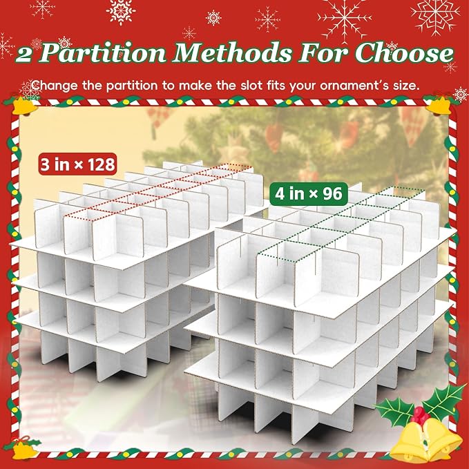 SeasonBliss Christmas Ornament Storage Box, Large Holds 128 Balls, Green | Christmas Decoration Organizer, Sturdy Storage Bin, Adjustable Dividers, Holiday Ornaments Protection, With Zippers Handles