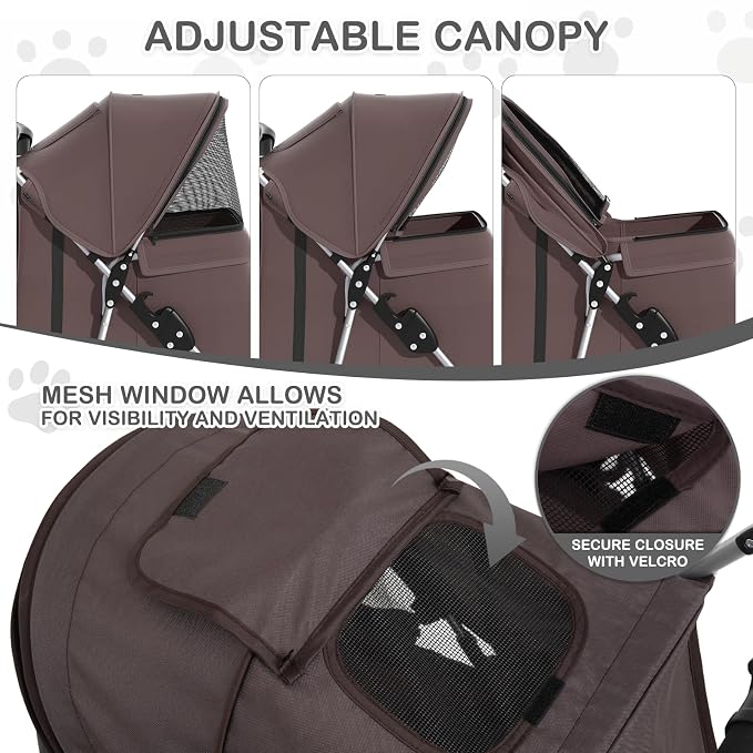 MoNiBloom Pet Stroller for Small/Medium Dogs and Cats up to 33 lbs, Coffee | Foldable Dog Stroller 3 Wheels Pet Strolling Cart w/ Storage Basket Cup Holder, Breathable and Visible Mesh for All-Season