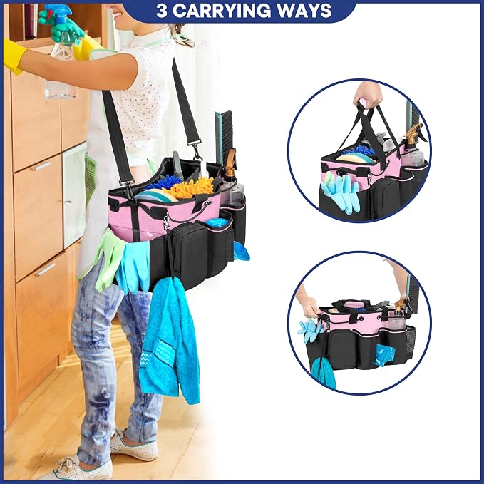 LoDrid Large Professional Cleaning Caddy with Detachable Divider, Pink | Cleaning Supply Organizer with Handle and Shoulder Strap for Housekeepers & Cleaners