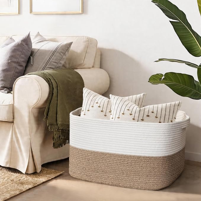 MEGASKET Extra Large Blanket Basket, 22" x 17" x 12" Rectangle Blanket Storage for Living Room, Soft Kids Dog Toy Basket Bin, Cotton Rope Baskets for Storage, Woven Throw Pillow Organizer Holder