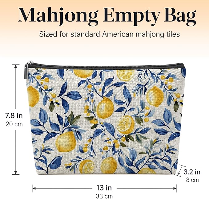 Summer Lemon Themed Gifts Empty Mahjong Tile Bag 13x7.8 Inch, | Blue Yellow Printed Portable Travel Case Organizer Zipper Pouch for American Mahjong Tiles Game Night Accessories and Gifts