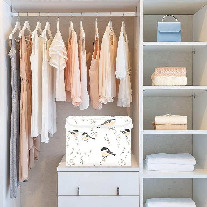 Cartoon Black - Capped Chickadee Birds White Storage Bin Storage Boxes For Organizing for Blanket Bedroom