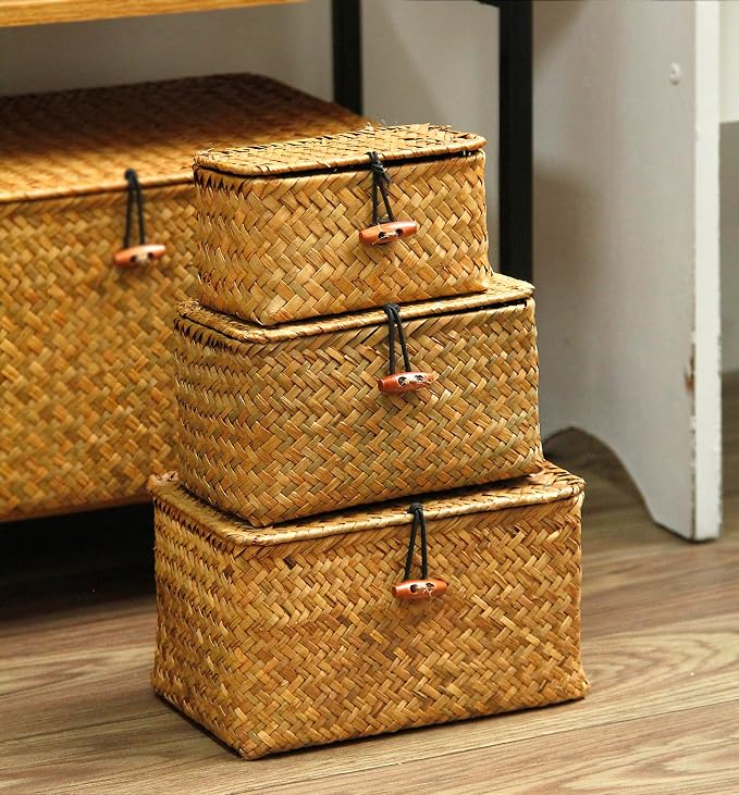 FEILANDUO Mini Wicker Shelf Storage Baskets with Lid, Set of 3, (S/M/L) | Handwoven Seagrass Small Decorative Boxes, Desktop Makeup Organizer, Multipurpose Container