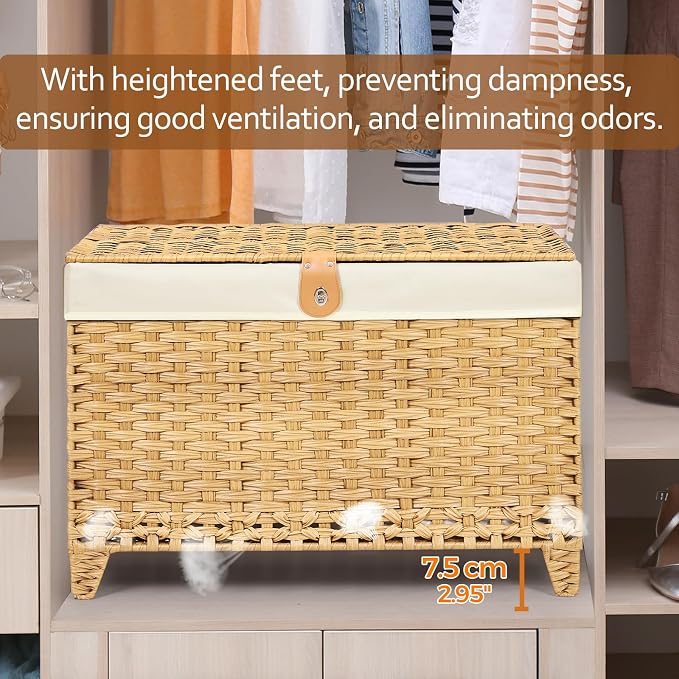 Wicker Storage Basket with Lid, 200L Storage Bin with Removable Liner Bag | Rattan-Inspired Shelf Basket Design, Storage Trunk with Heightened Feet, Wardrobe Storage Container & Home Organizer