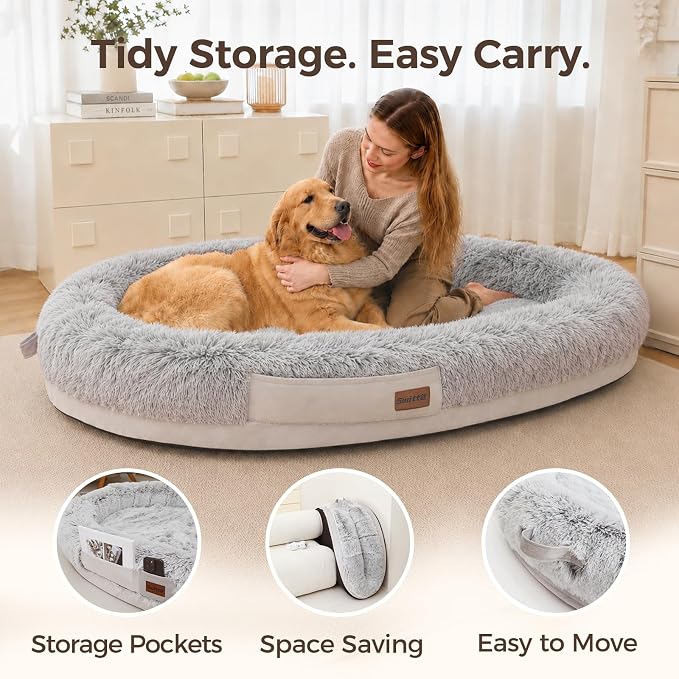 Human Dog Bed for Adult, 71"x48" Large Pet Dog Bed, Light Grey | Adult Dog Bed for Humans with Pillow & Blanket, Fluffle Cloud Dog Bed with Orthopedic Foam Bolster, Durable Zipper, Portable