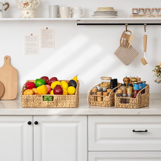 StorageWorks Water Hyacinth Basket Organizer, Pantry Storage Baskets,3-Pack | Wicker Baskets with Handles, Handwoven Shelf Baskets for Organizing, Handwoven Pantry Organizers and Storage, Pantry Baskets