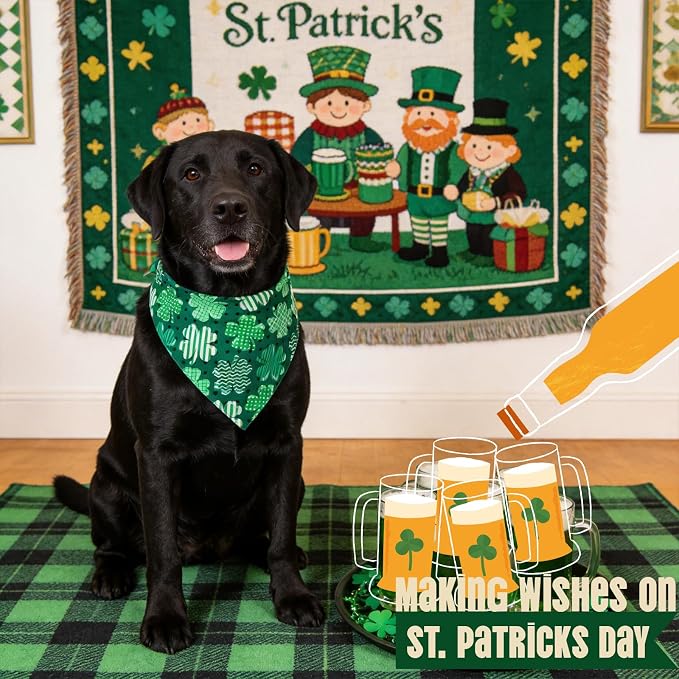 Dog Bandanas for St. Patricks Day - Big Clover Dark Green Polka Dot Base, Pet Scarf with Snap Button Cute Lucky Holiday Costumes for Irish Festivals, Large & Giant Breeds (75lbs+)