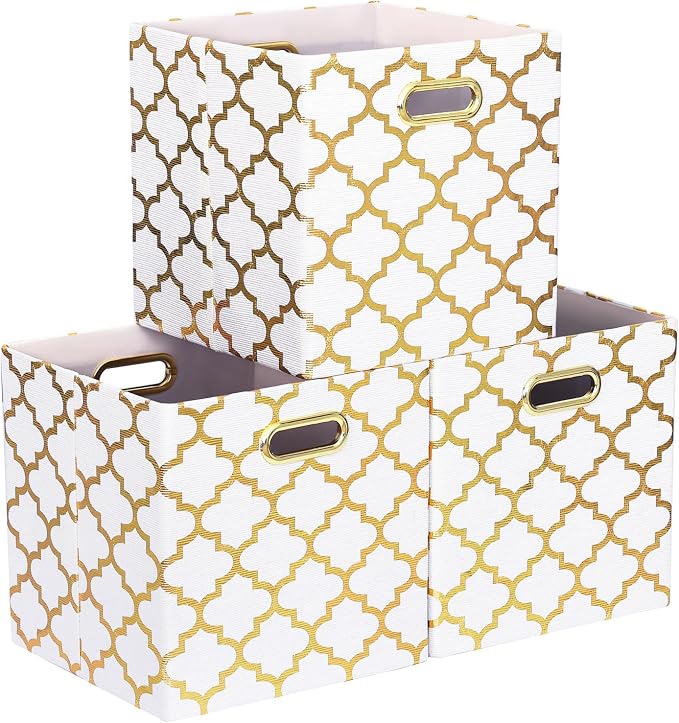 11x11x11 Cube Storage Bins, Collapsible Storage Bins Fabric Storage Cubes Organizer Baskets Box Drawers for Shelves, Closet, Wardrobe, Bookshelf, Cabinet, 3 Pack, White, AG40001-02