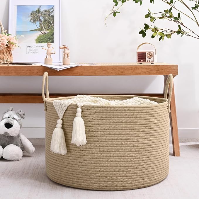 67L Large Woven Blanket Basket, Cotton Rope Baby Laundry Hamper with Handles, Kids Toy Basket for Classroom & Nursery, Soft Round Stuffed Animal Storage, Dog Toy Bin - 20"x13", Brown