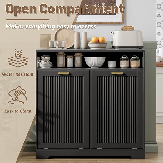 13 Gallon Double Tilt Out Trash Can Cabinet with Open Shelf & Storage - Pet Proof Hidden Recycling Cabinet & Wooden Laundry Hamper for Kitchen, Bathroom, Living Room, Black