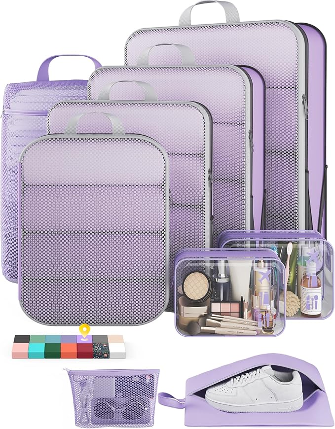 Veken 9/11 Set Compression Packing Cubes Garment Bags for Travel Essentials,Compressible Expandable Luggage Organizer Bags for Clothing,Space Saver Bags with Over 1000 pcs of Mesh Holes(Light Purple)