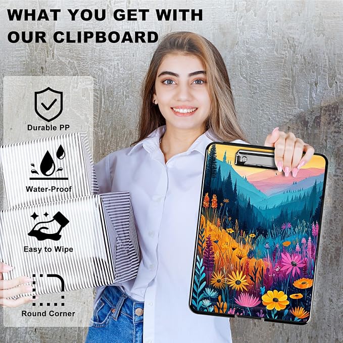 Heavy Duty Storage Clipboard, Slim Nursing Clipboard with Internal Pen Case, Portable File Organizer Case for A4 Letter Size Paper Office Medical Professionals, Mountain Wildflowers