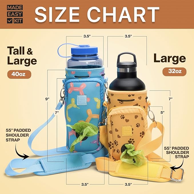 Made Easy Kit Water Bottle Carrier with Pocket for Dog Poop Waste Bags and Adjustable Padded Shoulder Strap (Large (32oz) with Bowl, Blue, Balloon Dogs)