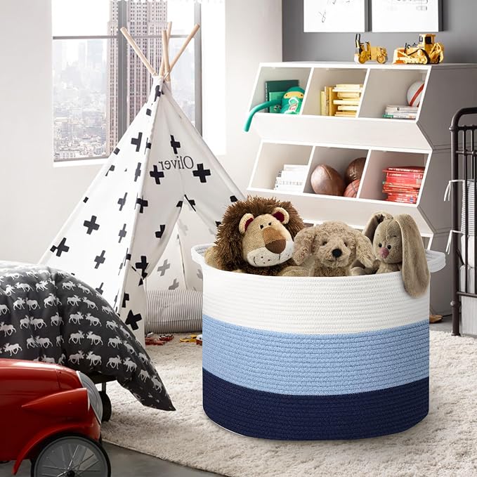 MEGASKET Large Kids Toy Basket, 22" x 14" Soft Woven Cotton Rope Basket, Toy Storage Bin for Kids, Big Baby Nursery Organization, Floor Stuffed Animal Storage, Blanket Pillow Holder for Living Room