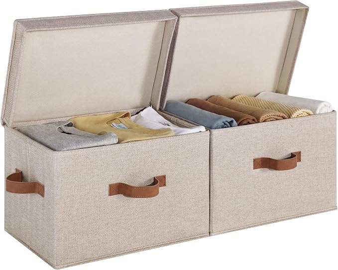 StorageWorks Fabric Storage Bins with Lids, Closet Storage Bins | Flip-Top Lid, 3 Handles, Collapsible, Stackable, for Clothes Blankets, Multi-Purpose, Large, Brown and Beige, 2-Pack