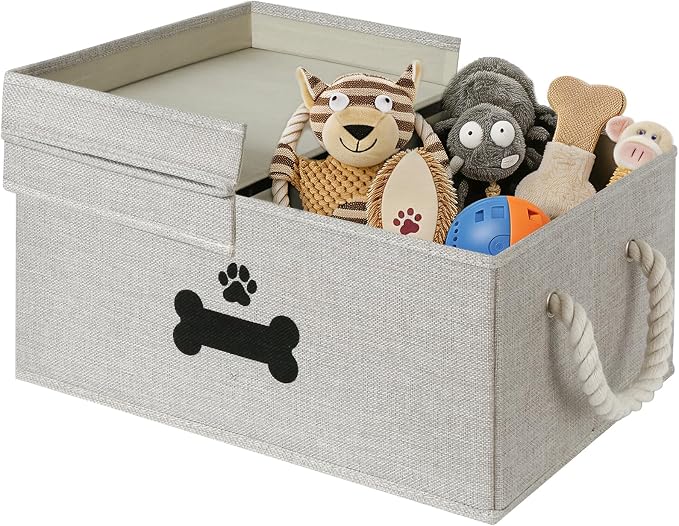 Dog Toy Basket with Double-Open Lid, Divided Dogs Basket for Toys, Collapsible Pet Toy Box, Dog Storage Organizer with 2 Divided Area, Puppy Toys Baskets with Rope Handles, Gray
