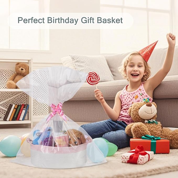 COMSE Small Gift Basket Empty with Bag & Ribbons, Light Pink & White | Cotton Rope, 12"x 8"x 5", Pet Toy Storage Organizer, Woven Basket for Birthdays, Baby Showers, Mother’s Day, Valentine’s Day