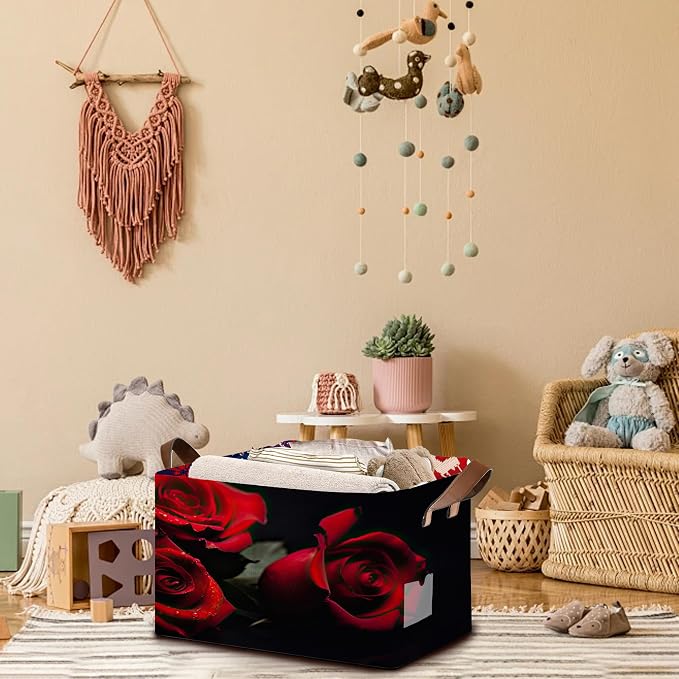 Romantic Rose Storage Basket Large 17x11.5x10.5 Inche-Collapsible Fabric Organizer Bin with Handles for Bedroom,Wedding Decor,Farmhouse-Foldable Decorative Hamper with Blossom Floral Design-1 Pack