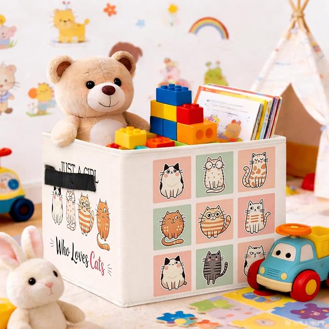 Cat Storage Bin, Cute Cartoon Cat Fabric Basket Organizer | Foldable collapsible fabric organizer for nursery, bedroom, playroom, toys, books, clothes