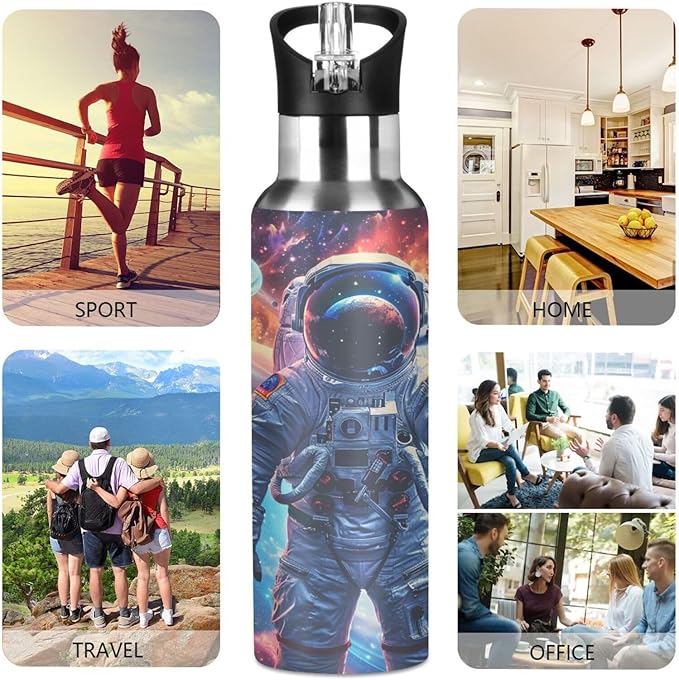 Astronaut Planets Galaxy Space Water Bottle with Straw Lid Kids Insulated Stainless Steel Water Flask Sports, 20 Oz Hot Cold