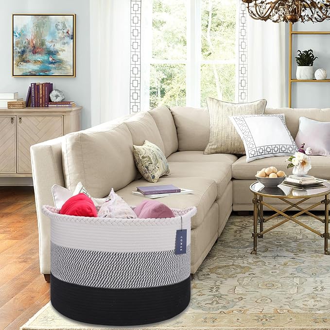 COMSE XXXLarge Woven Blanket & Laundry Basket, 87L, White &Gray &Black | 21.7"x 13.8", Cotton Rope, Nursery Hamper for Storage of Toys, Clothes & Towels, Ideal for Living Rooms, Bedrooms & Bathrooms