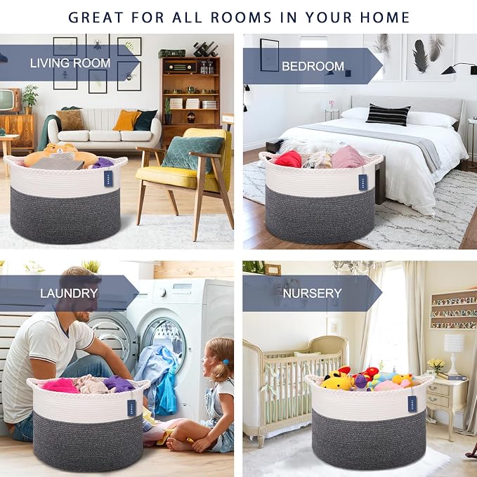 COMSE XXXLarge Woven Blanket & Laundry Basket, 87L, White & Black | 21.7" x 13.8", Cotton Rope, Nursery Hamper for Storage of Toys Clothes Towels, Ideal for Living Room Bedroom Bathroom