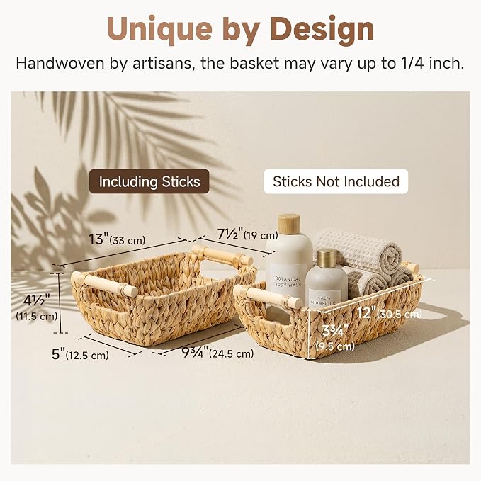 StorageWorks Small Storage Basket, Seagrass Woven Basket for Gifts | Wicker Storage Baskets for Shelves, Baskets with Wooden Handles, 2-Pack Gifts Basket for Home Decor, Hand-Woven Basket