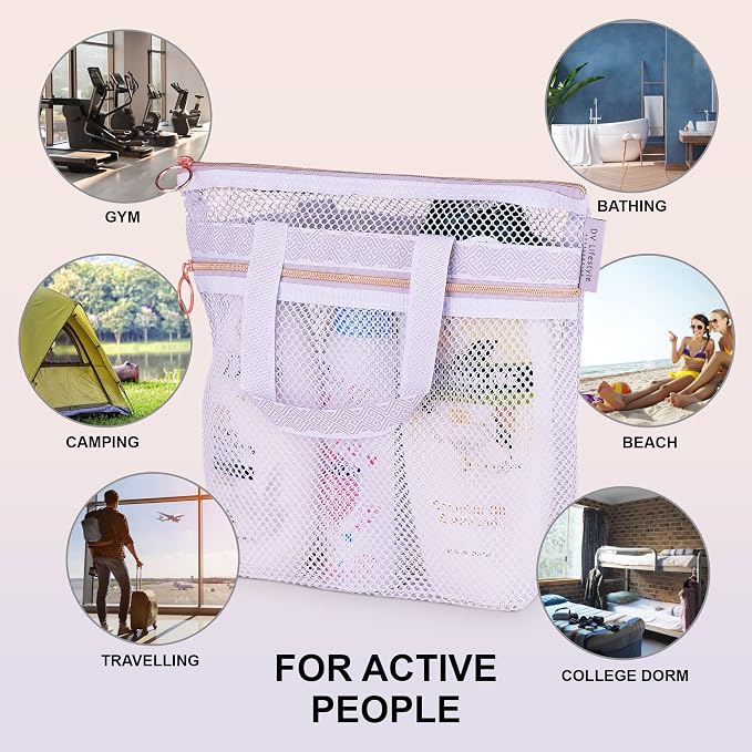 Mesh Shower Bag 10.2x9.9'' Quick-Dry Caddy with Zipper & 2 Pockets. Portable Toiletry Tote for Bathroom, Gym, Travel, Camp, Beach, for Sunscreen, Dorm & College Essentials (Light Gray)