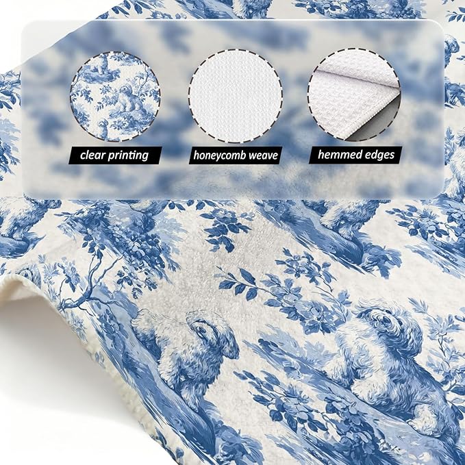 Bichon Frise Kitchen Dish Towels,Blue and White Floral Dog Towel Dish Tea Towels, Chinoiserie Decor for Kitchen Bathroom,Bichon Frise Gifts for Dog Lover Mom Dad,16x24 Inch
