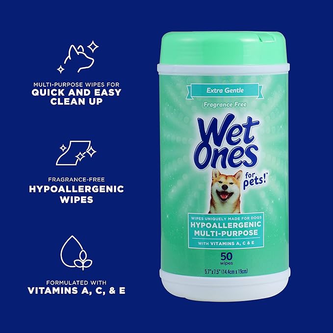 Wet Ones for Pets Hypoallergenic Multipurpose Dog Wipes with Vitamins A, C and E - Fragrance-Free All-Over Pet Grooming Wipes for Dogs in Canister, 50 Count - 12 Pack