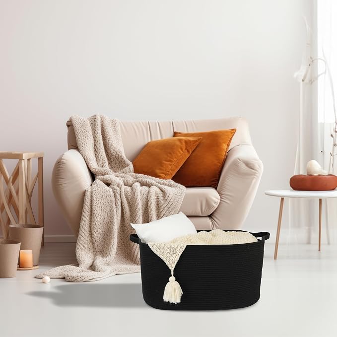 XUANGUO Large Rectangle Woven Cotton Rope Blanket Basket 22"x17"x12" Black | Storage basket for nursery and living room; toy basket for kids, dog toy storage, or laundry basket for clothes and towels.