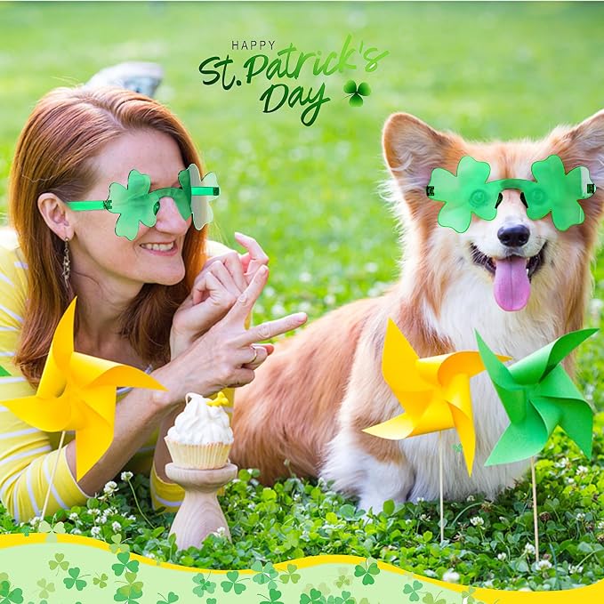 St. Patrick's Day Dog Sunglasses with Adjustable Strap, Green Shamrock Pet Glasses Accessory for Medium Large Dogs Cats, Irish Festival Parade Costume & Photo Prop(General)