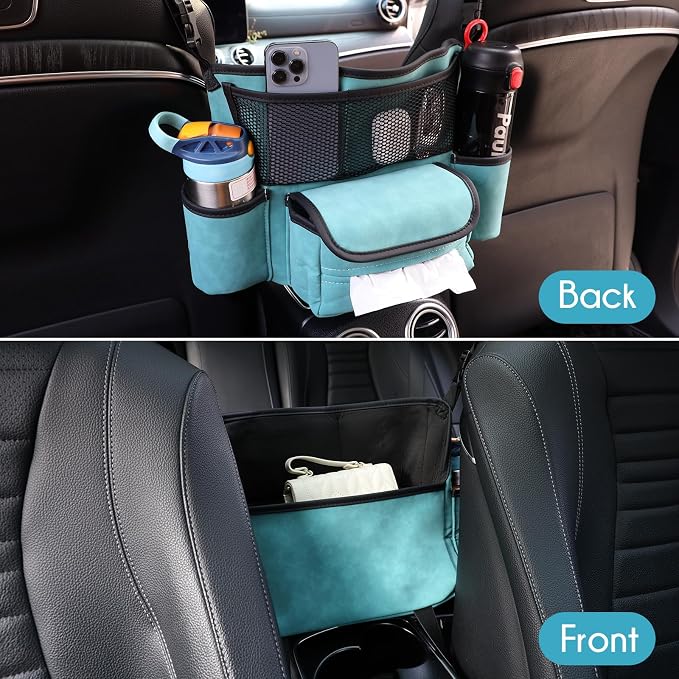 Leather Car Seat Organizer for Handbag/Purse – Fits Between Front Seats, Holds Wallet, Phone & Essentials. (Modle A/Blue)