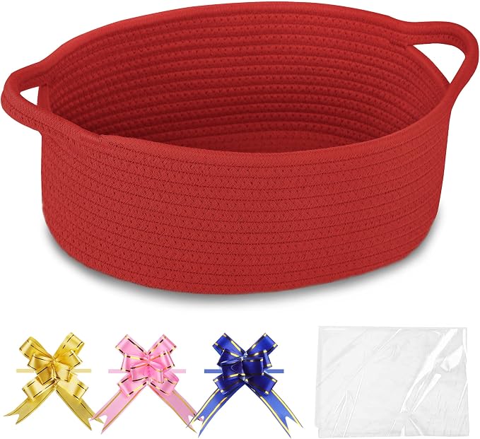 COMSE Empty Small Gift Basket with Bag & Ribbons, Red | Cotton Rope, 12"x 8"x 5", Baby Toy Organizer, Stores Small Items for Bedrooms, Nurseries, Bathrooms, Living Rooms, Offices