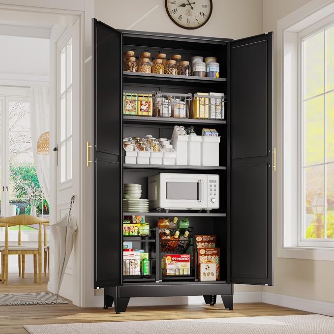 GAIOUS 71" Tall Metal Storage Cabinet with 2 Doors and 4 Adjustable Shelves | Kitchen Pantry Cabinet Black Freestanding Cupboard, 5 Tier Multifunctional Steel Storage for Office, Kitchen, Dining Room