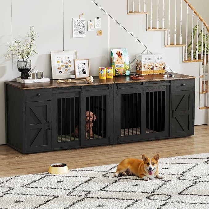 Verano Garden 88" Dog Crate Furniture, Dog Kennel Cage, Black (88") | 2-in-1, Lockable, Decorative, Sliding Door, Removable Divider, Adjustable Shelf, Farmhouse, Heavy Duty, Small Medium Dogs