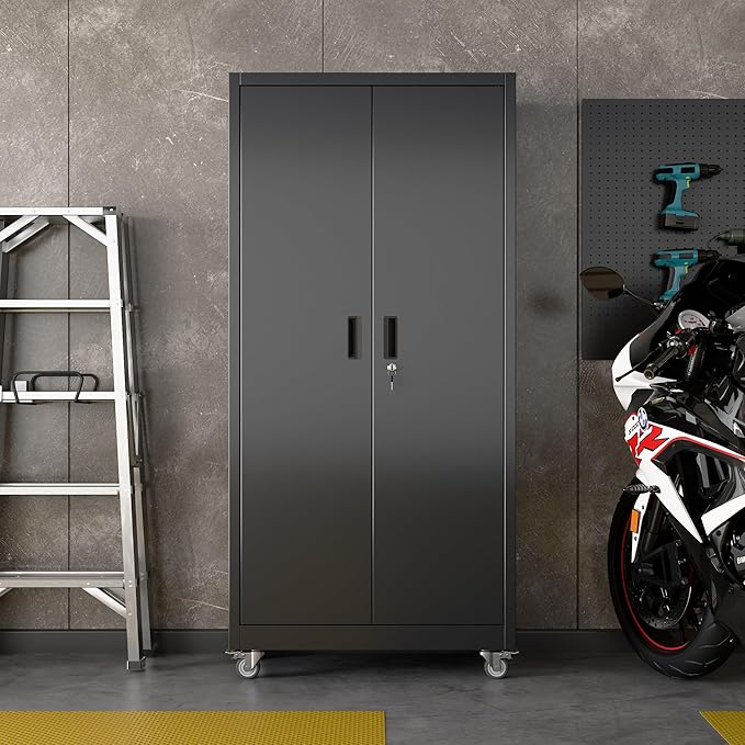 Reemoon Metal Storage Cabinet with Wheels and Pegboard, 71 in, Black | 18 in deep steel cabinet with 5 adjustable shelves, door pegboard, lock, and 4 casters.Required assembly