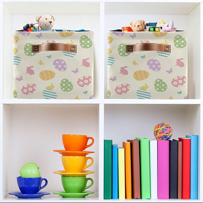 Easter Eggs Cute Storage Basket with Waterproof Liner and PU Handles Happy Easter Day Bunny Rabbit Butterfly Storage Bins Boxes 14.2" Collapsible Decorative Organizer Baskets for Bedroom Closet 2 Pack