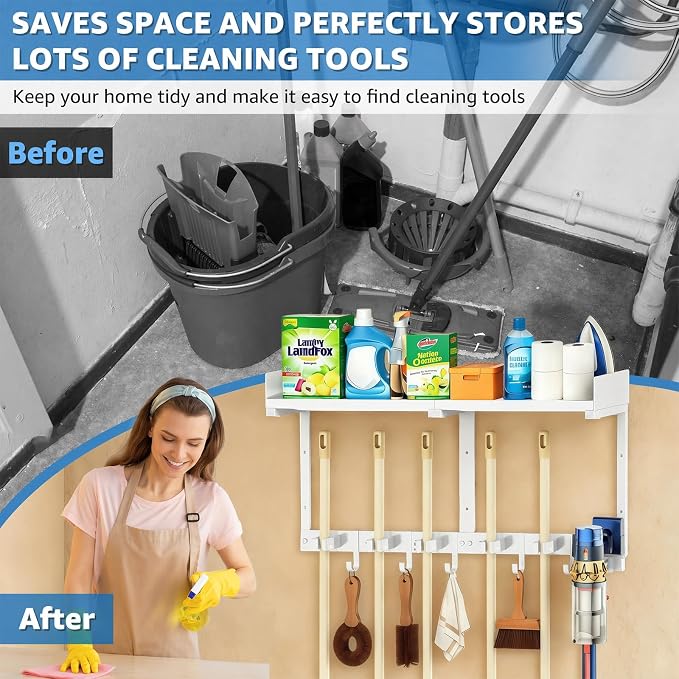 HUFAND Broom Holder Wall Mount, 27" Mop and Broom Organizer with Top Shelf | 5 Grippers,5 Movable S-Hooks,Breathable Grid Shelf,Rust-Resistant Coating,Hardware Included,for Kitchen,Laundry Room