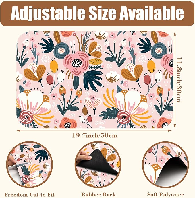 Dish Drying Mat Pink Flowers Berries Leaves Coffee Bar Mat for Countertop Absorbent Hide Stain Rubber Backed Dish Drainer Rack Pad Espresso Machine Dining Room Decor 11.8 x 19.7 Inch