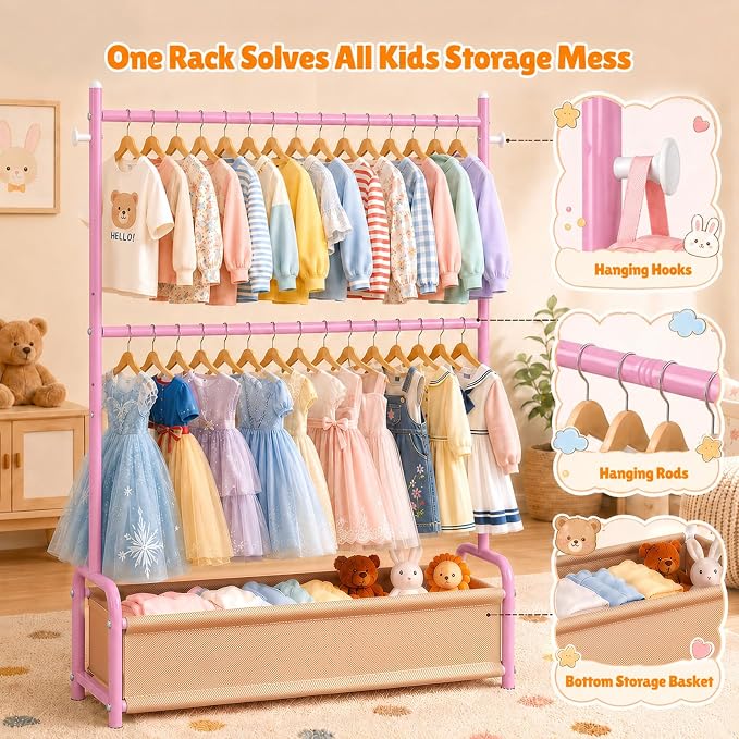 Kids Clothing Rack with Double Rod Height Adjustable Kids Clothes Rack Pink | Storage Basket & Hooks, Height Adjustable Kids Clothes Rack, Portable Baby Dress Up Garment Rack for Princess Dresses