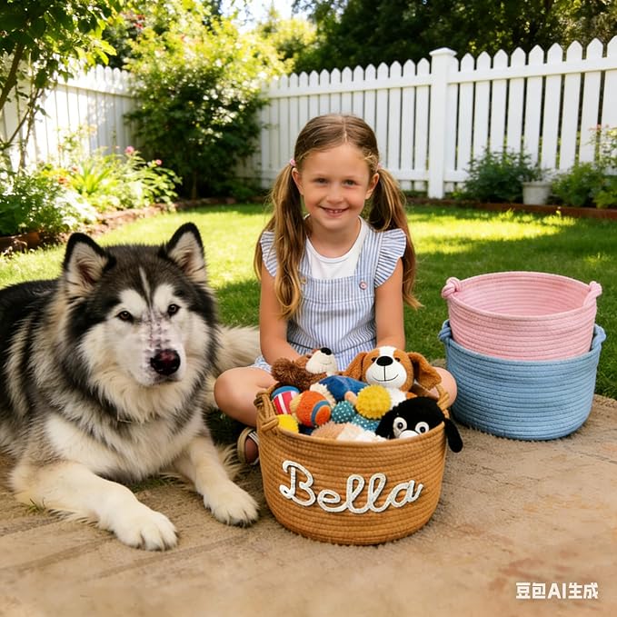 Custom Woven Dog Basket Personalized Name Multi-Use for Dog Toys, Treats & Laundry Customized Durable Handwoven Cotton Rope Pet Storage Organizer, Cat Room Decor, Gift for Dog Lovers