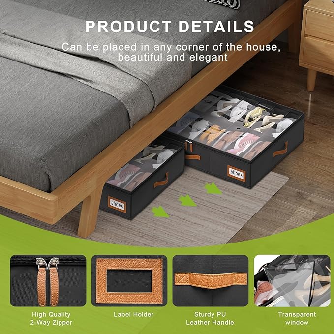 Shoe Organizer Under Bed, Fits 32 Pairs, Under bed Shoe Storage Boxes with Study Handles and Clear Cover, zapateras organizer for shoes, set of 2