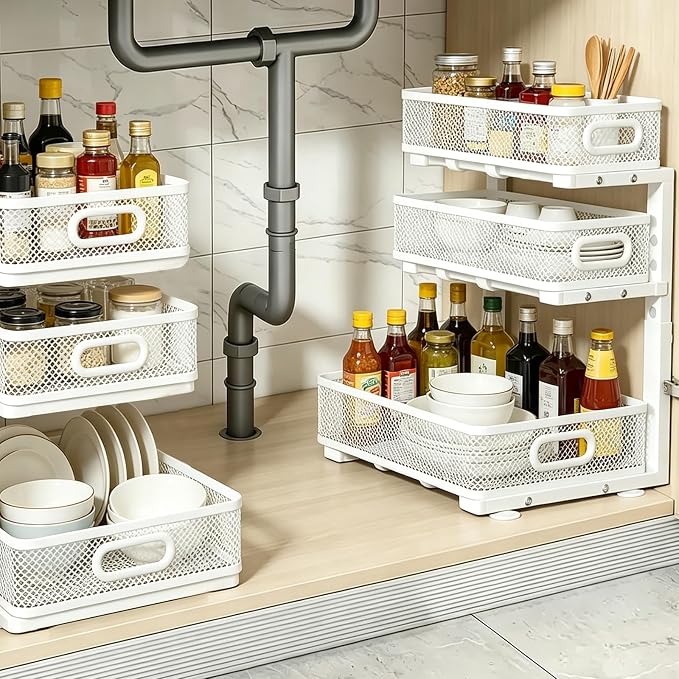 1 Pack 3 Tier Under Sink Organizer with Pull Out Drawer, Height Adjustable Heavy Duty Metal Under Cabinet Organizer, Smooth Sliding Storage Shelf for Kitchen, Bathroom Cabinet Organization, White