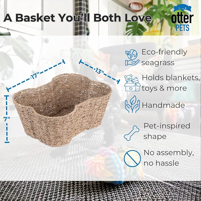 OtterPets Dog Toy Basket, Seagrass Bone Shaped Dog Toy Bin, 17x13” | Handmade dog toy box, dog toy storage, dog basket, basket for dog toys, dog storage, 17 x 13 in