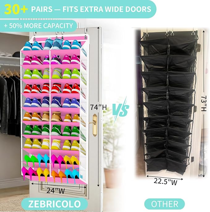 Heavy-Duty over the Door Shoe Organizer, Extra-Wide Large, Holds 30 Pairs & Supports 100lbs, with Reinforced Grommets & Bamboo Rods, Fits Men's Size 12 & Boots, Pink