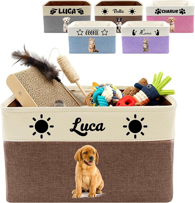 Customized Pet Toy Storage Basket - Personalized Dog & Cat Toy Organizer with Name, Foldable & Durable Fabric Bin for Pet Supplies, Organizer for Toys, Coats, Clothing, Blankets Brown