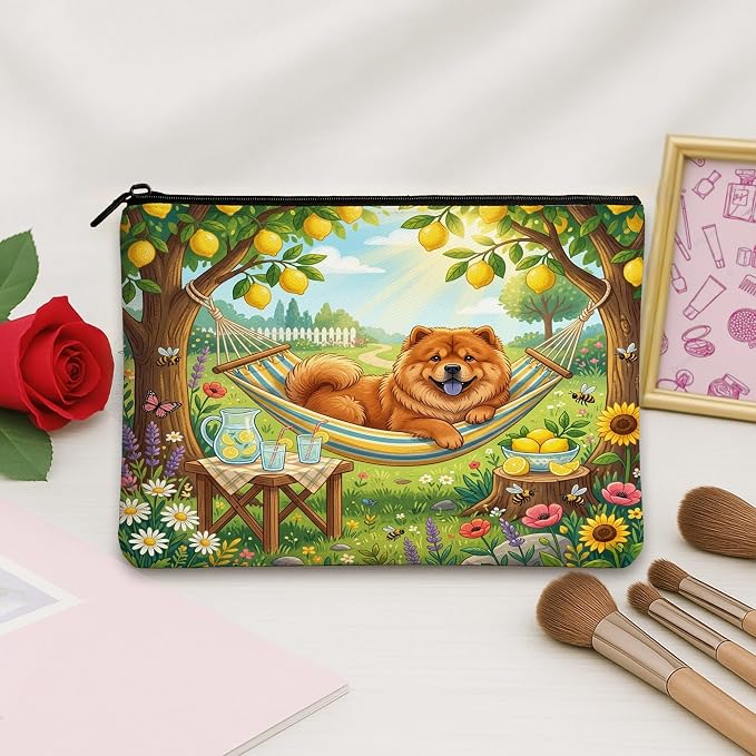 Chow Chow Dog Makeup Bag, Country Lemon Floral Plant Printed Cosmetic Travel Pouch for Women, Pet Portable Small Canvas Zipper Organizer 7x9 Inch