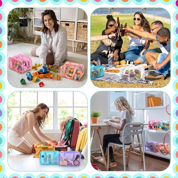 Shinylin 12 Pack Pastel Colorful Large Toy Storage Bags with Zipper 9.8 x 5.9 x 7.1 Inch Reusable Waterproof PVC Clear Board Game Storage Bags with Labels for Puzzles Building Blocks Book Stationery